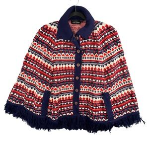 Helen Harper Fair Isle Knit Poncho Cape Fringe Button Front Nordic Cottagecore‎